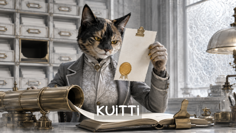 Kissa tutkii kirjanpidon kuittia pöydän ääressä