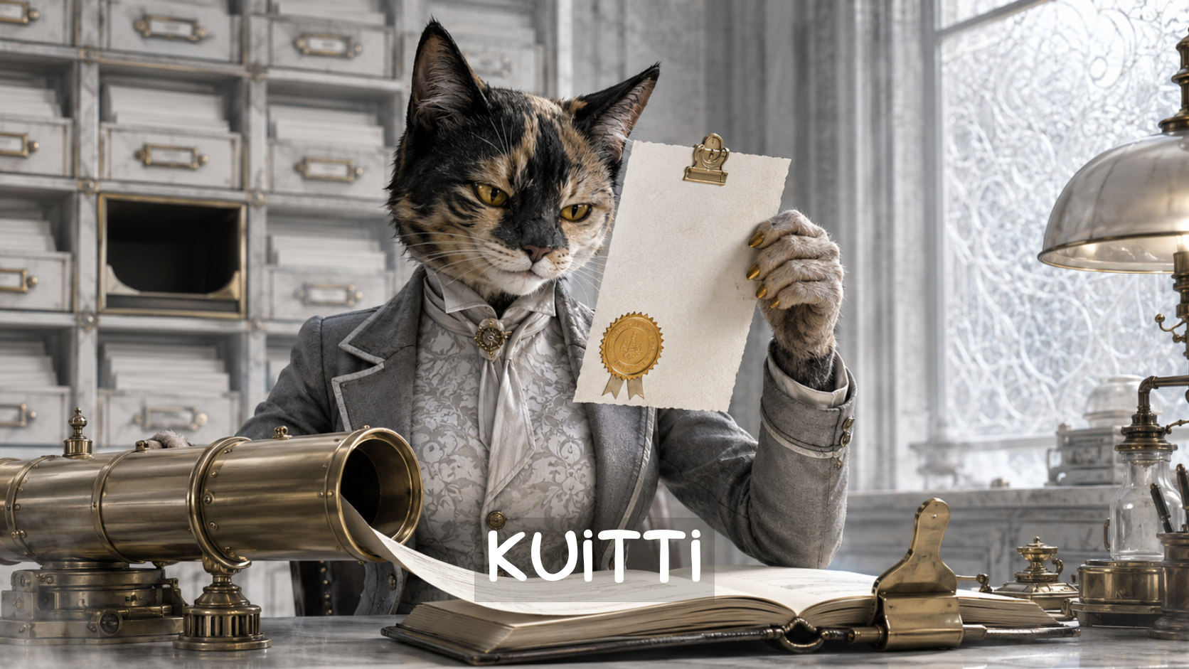 Kissa tutkii kirjanpidon kuittia pöydän ääressä