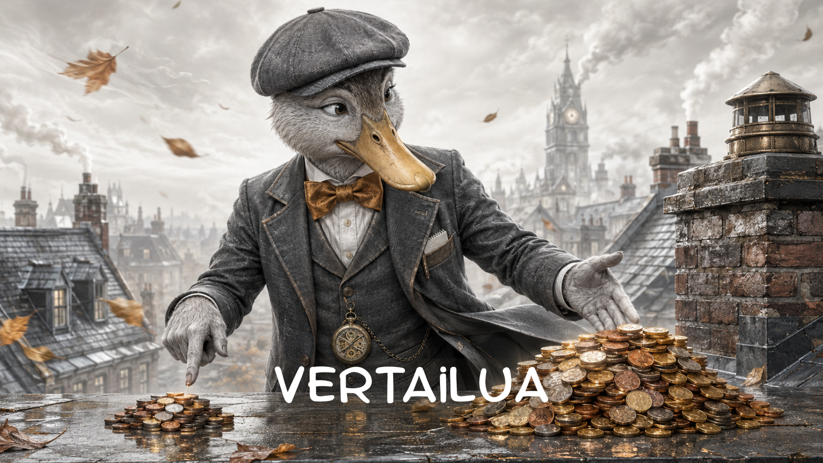 Ankka vertailee kahden erikokoisen kolikkopinon välillä