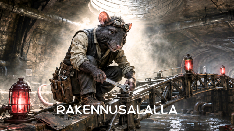 Rakentaja rotta tekee tunnelissa siltaa maanalaisen virran yli.
