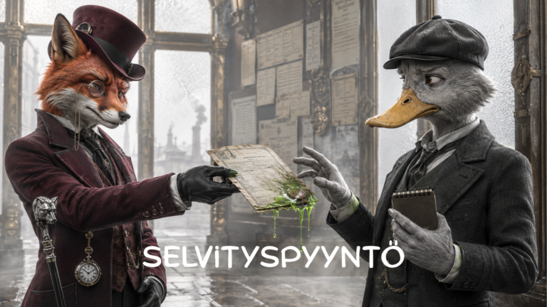 Määrätietoinen verovirkailija kettu ojentaa selvityspyyntöä epäluuloiselle toimittaja ankalle.
